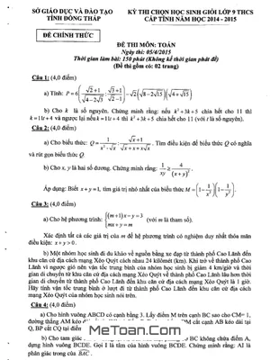 Đề thi HSG Toán 9 cấp tỉnh năm 2014 - 2015 - Sở GD&ĐT Đồng Tháp