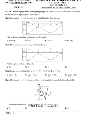 Đề giữa học kỳ 1 Toán 12 năm 2024 - 2025 trường THPT Nguyễn Du - Thái Bình
