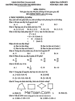 Đề thi cuối học kì 1 Toán 6 năm học 2025 – 2026 trường THCS Nguyễn Thị Minh Khai – Đà Nẵng