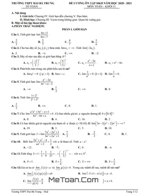 Đề Cương Ôn Tập Học Kỳ 2 Toán 11 Năm 2020 - 2021 Trường THPT Hai Bà Trưng - Huế