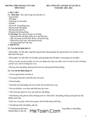 Đề Cương Ôn Tập Học Kỳ 2 Môn Toán Lớp 12 Năm 2022 - 2023 Trường THPT Hoàng Văn Thụ - Hà Nội