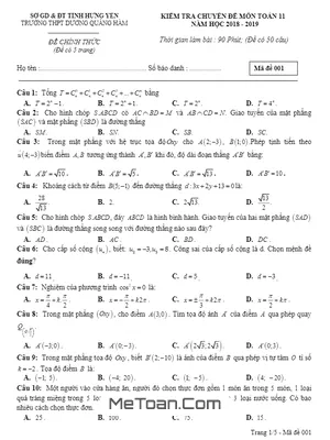Đề kiểm tra chuyên đề Toán 11 năm 2018 – 2019 trường THPT Dương Quảng Hàm – Hưng Yên