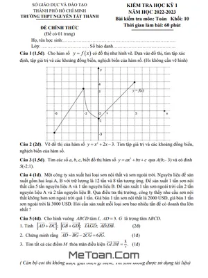 Đề thi học kỳ 1 Toán 10 năm 2022 - 2023 trường THPT Nguyễn Tất Thành - TP HCM