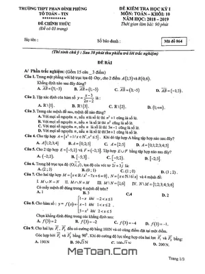 Đề kiểm tra học kỳ 1 Toán 10 năm 2018 - 2019 trường THPT Phan Đình Phùng - Hà Nội mã đề 864