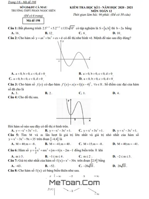 Đề thi HK1 Toán 12 năm 2020 – 2021 trường THPT Phan Ngọc Hiển – Cà Mau