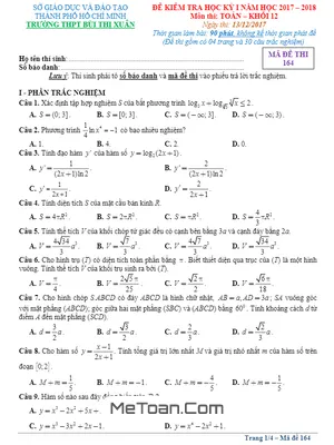 Đề thi học kỳ 1 Toán 12 năm 2017 - 2018 trường THPT Bùi Thị Xuân - TP.HCM