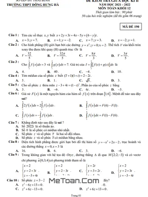 Đề thi giữa kỳ 2 Toán 12 năm 2021 - 2022 trường THPT Đông Hưng Hà - Thái Bình