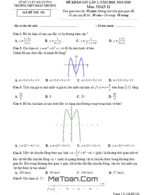Đề khảo sát Toán 12 lần 1 năm 2019 – 2020 trường THPT Đoàn Thượng – Hải Dương