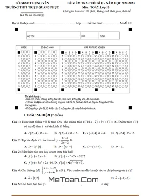 Đề Thi Cuối Kì 2 Toán 10 Năm 2022 - 2023 Trường THPT Triệu Quang Phục - Hưng Yên
