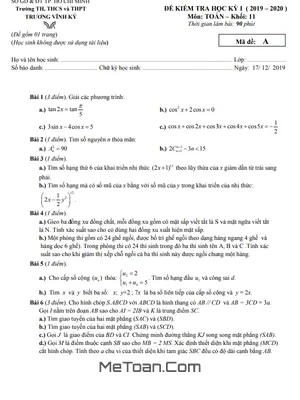 Đề thi học kì 1 Toán 11 năm 2019 - 2020 trường THPT Trương Vĩnh Ký - TP. HCM (có đáp án)