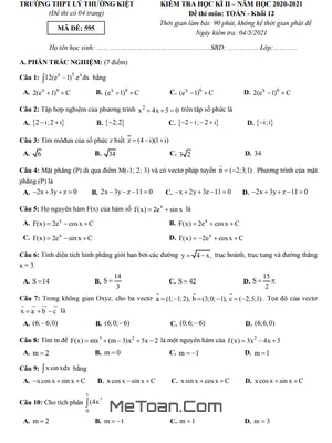 Đề thi học kì 2 Toán 12 năm 2020 - 2021 trường THPT Lý Thường Kiệt - TP HCM