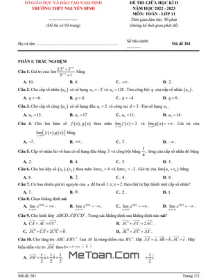 Đề giữa học kì 2 Toán 11 năm 2022 – 2023 trường THPT Nguyễn Bính – Nam Định