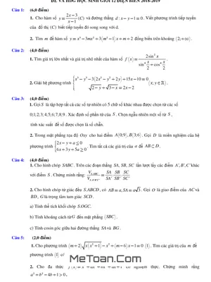 Đề thi chọn HSG Toán 12 cấp cơ sở Sở GD&ĐT Điện Biên năm học 2018 - 2019