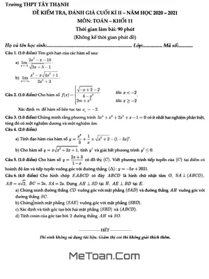 Đề thi cuối kì 2 Toán 11 năm 2020-2021 trường THPT Tây Thạnh - TP HCM