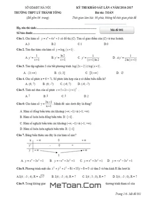 Tổng hợp Đề thi thử THPT Quốc gia 2017 môn Toán trường THPT Lý Thánh Tông – Hà Nội lần 4 có đáp án