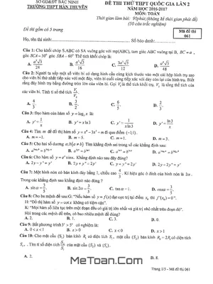 Đề thi thử THPT Quốc gia 2017 môn Toán trường THPT Hàn Thuyên – Bắc Ninh lần 2 có đáp án