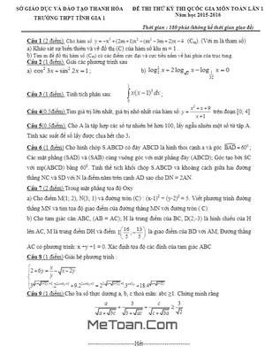 Đề thi thử THPT Quốc gia 2016 môn Toán trường THPT Tĩnh Gia 1 – Thanh Hóa