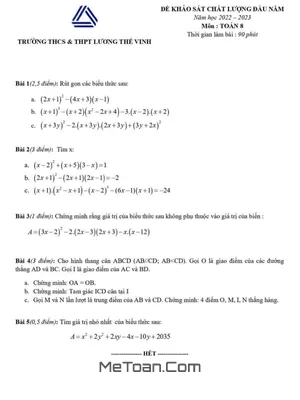 Đề khảo sát Toán 8 đầu năm 2022 – 2023 trường Lương Thế Vinh – Hà Nội