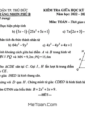 Đề thi giữa kỳ 1 Toán 8 năm 2022 - 2023 trường THCS Tăng Nhơn Phú B - TP.HCM