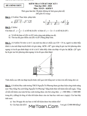 Đề thi học kỳ 1 Toán 9 năm 2023 - 2024 trường THCS Nguyễn Tri Phương - TP HCM