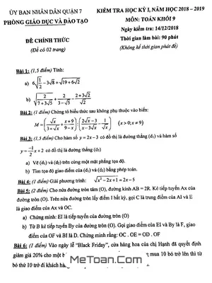 Đề thi học kỳ 1 Toán lớp 9 năm 2018 - 2019 phòng GD&ĐT Quận 7 - TPHCM