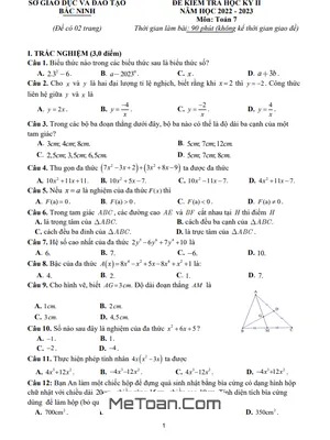 Đề kiểm tra học kỳ 2 Toán 7 năm 2022 - 2023 Sở GD&ĐT Bắc Ninh