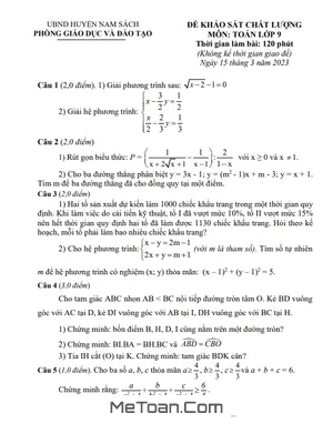 Đề khảo sát Toán 9 năm 2022 - 2023 phòng GD&ĐT Nam Sách - Hải Dương