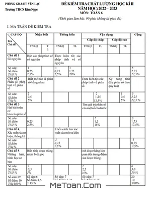 Đề thi học kì 2 Toán lớp 6 năm 2022 - 2023 trường THCS Kim Ngọc - Vĩnh Phúc