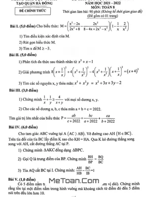 Đề thi học sinh giỏi Toán 8 năm 2021 - 2022 phòng GD&ĐT Hà Đông - Hà Nội