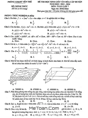 Đề thi HSG Toán 7 năm 2023 - 2024 phòng GD&ĐT Yên Thế, Bắc Giang