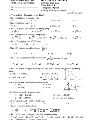 Đề thi giữa kì 1 Toán 9 năm 2021 - 2022 trường THCS Nguyễn Huệ - Quảng Nam