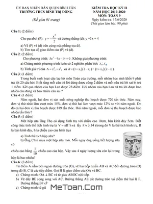 Đề kiểm tra học kì 2 Toán lớp 9 năm 2019 - 2020 trường THCS Bình Trị Đông - TP HCM
