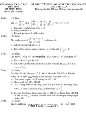 Đề thi tuyển sinh lớp 10 môn Toán năm 2020 - 2021 sở GD&ĐT Thái Bình
