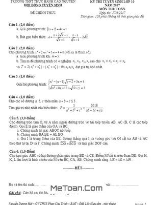 Đề thi tuyển sinh lớp 10 môn Toán trường TH Cao Nguyên - Đắk Lắk năm 2017 - 2018