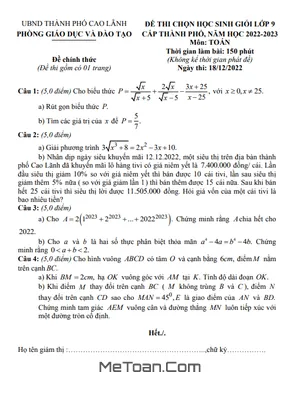 Đề thi học sinh giỏi Toán 9 năm 2022 - 2023 phòng GD&ĐT TP Cao Lãnh - Đồng Tháp