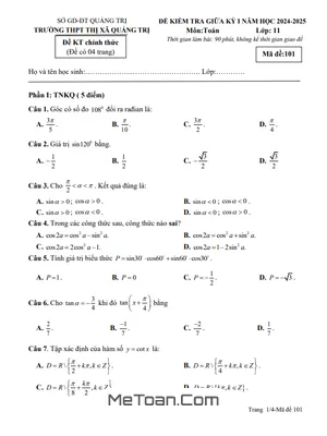 Đề giữa kỳ 1 Toán 11 năm 2024 - 2025 trường THPT Thị xã Quảng Trị