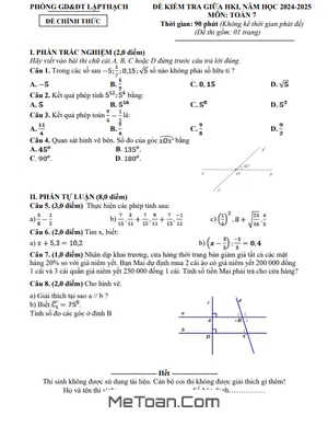 Đề Thi Giữa Học Kì 1 Toán 7 Năm 2024 - 2025 Phòng GD&ĐT Lập Thạch - Vĩnh Phúc
