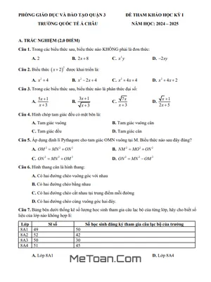 Đề Tham Khảo Cuối Kỳ 1 Toán 8 Năm 2024 - 2025 Phòng GD&ĐT Quận 3 - TP HCM