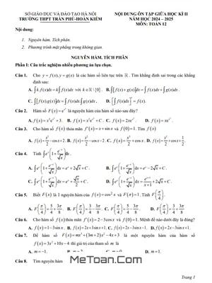 Ôn Tập Giữa Kì 2 Toán 12 Năm 2024 - 2025 Trường THPT Trần Phú - Hà Nội