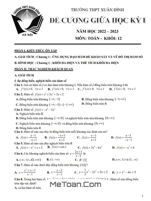 Đề Cương Ôn Tập Giữa Kỳ 1 Toán 12 Năm 2022-2023 Trường THPT Xuân Đỉnh - Hà Nội