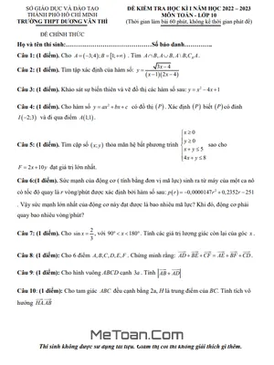 Đề thi học kì 1 Toán 10 năm 2022 - 2023 trường THPT Dương Văn Thì - TP.HCM