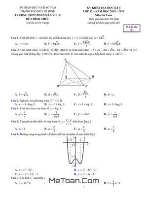 Đề thi cuối kì 1 Toán 12 năm 2019 - 2020 trường THPT Phan Đăng Lưu - TP HCM