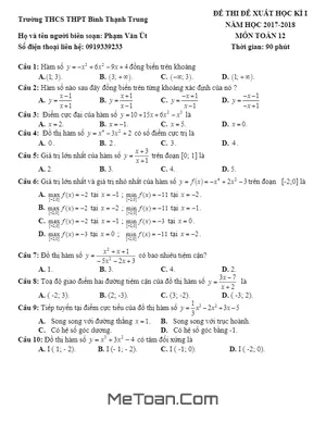 Bộ Đề Thi Đề Xuất HK1 Toán 12 Năm Học 2017 - 2018 Sở GD&ĐT Đồng Tháp