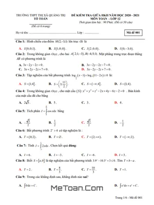 Đề kiểm tra giữa HK2 Toán 12 năm 2020 - 2021 trường THPT Thị xã Quảng Trị
