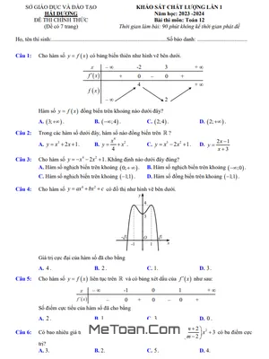 Đề khảo sát chất lượng lần 1 Toán 12 năm 2023 - 2024 sở GD&ĐT Hải Dương