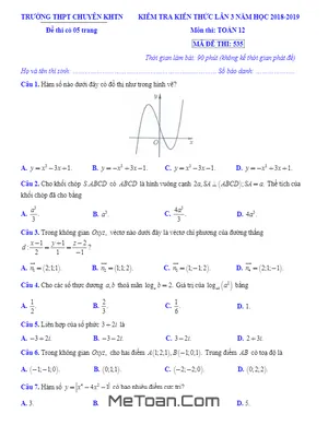 Đề kiểm tra kiến thức Toán 12 lần 3 năm 2018 - 2019 trường chuyên KHTN - Hà Nội