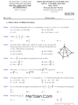 Đề thi học kỳ 1 Toán 11 năm 2023 - 2024 trường THPT Trần Phú - TP.HCM (có đáp án)