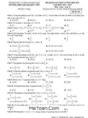 Đề KSCL HK1 Toán 11 năm 2018 - 2019 trường Nguyễn Hữu Tiến - Hà Nam