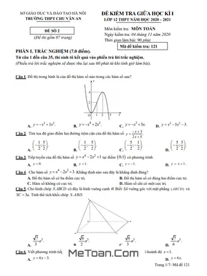 Đề thi giữa học kì 1 Toán 12 năm 2020 – 2021 trường THPT Chu Văn An – Hà Nội (có đáp án)