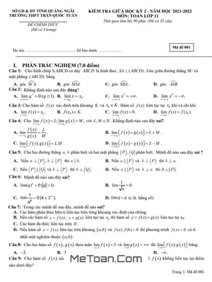 Đề Thi Giữa Học Kỳ 2 Môn Toán Lớp 11 Năm 2021-2022 Trường THPT Trần Quốc Tuấn - Quảng Ngãi